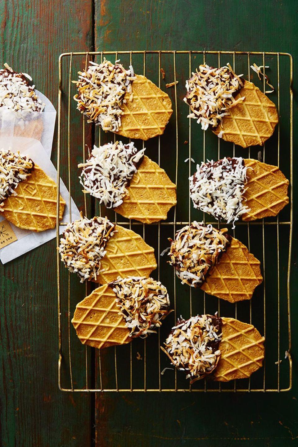 <p>Dip store-bought waffle cookies in melted chocolate, then top with shredded coconut. You're welcome. </p><p><em><a href="https://www.goodhousekeeping.com/food-recipes/dessert/a46922/no-bake-waffle-dippers-recipe/" rel="nofollow noopener" target="_blank" data-ylk="slk:Get the recipe for Waffle Dippers »;elm:context_link;itc:0;sec:content-canvas" class="link ">Get the recipe for Waffle Dippers »</a></em><br></p>