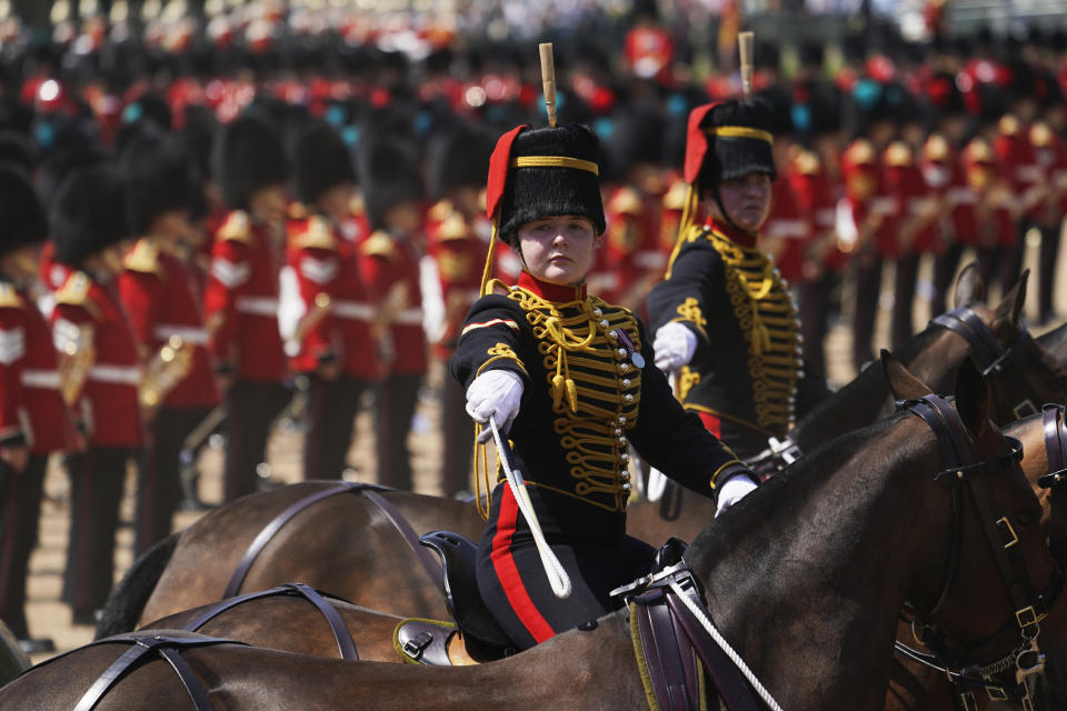 Soldiers attend the Colonel's Review, the final rehearsal of the Trooping the Colour, the King's annual birthday parade, at Horse Guards Parade in London, Saturday, June 10, 2023. (AP Photo/Alberto Pezzali)