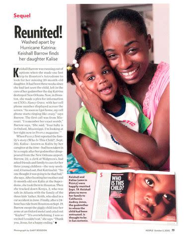 <p>People</p> Keishall and Kalise Barrow in PEOPLE Magazine following Hurricane Katrina in 2005