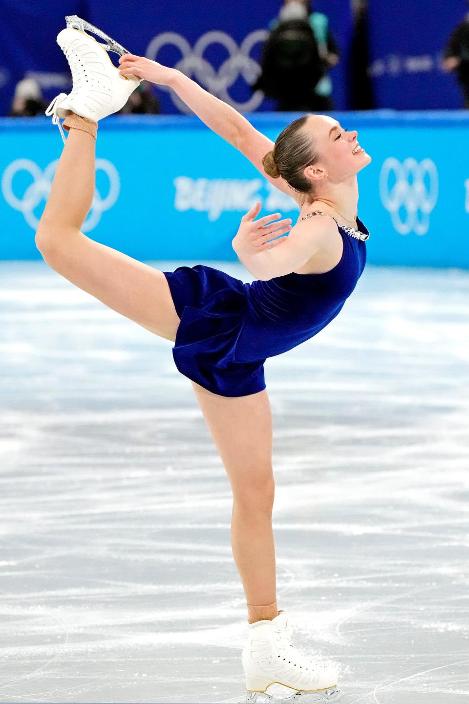 Mariah Bell (USA) in the women’s figure skating short program during the Beijing 2022 Olympic Winter Games at Capital Indoor Stadium, Feb. 15, 2022.