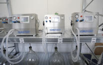 Lung ventilators manufactured in Trebic, Czech Republic, being tested on Wednesday, June 17, 2020. A group of volunteers in the Czech Republic was working round the clock to prevent critical shortage of ventilators for COVID-19 patients. A team of 30 developed a fully functional ventilator _ named Corovent _ in just days. They secured the necessary finances through crowdfunding, approached a leading expert in the field with a request for help and gave him all possible support. (AP Photo/Petr David Josek)