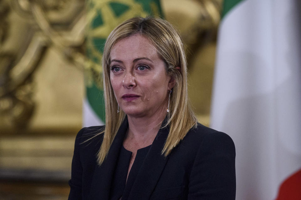 ROME, ITALY - OCTOBER 22: Italian Prime Minister Giorgia Meloni attends the swearing-in ceremony at the Quirinal palace on October 22, 2022 in Rome, Italy. Far-right politician Giorgia Meloni is set to become Italy's first woman Prime Minister. Italians voted in the 2022 Italian general election on 25 September which was called after the dissolution of parliament was announced by Italian President Sergio Mattarella on 21 July. (Photo by Antonio Masiello/Getty Images)