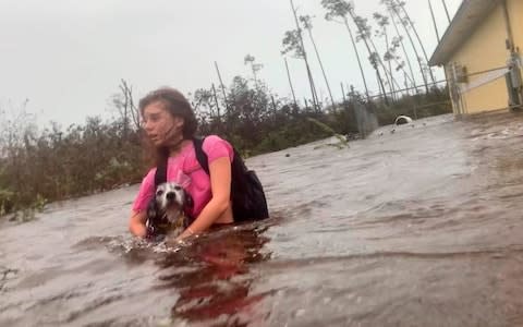 Julia Aylen wades through waist deep water carrying her pet dog as she is rescued from her flooded home during Hurricane Dorian in Freeport, Bahamas - Credit: AP Photo/Tim Aylen