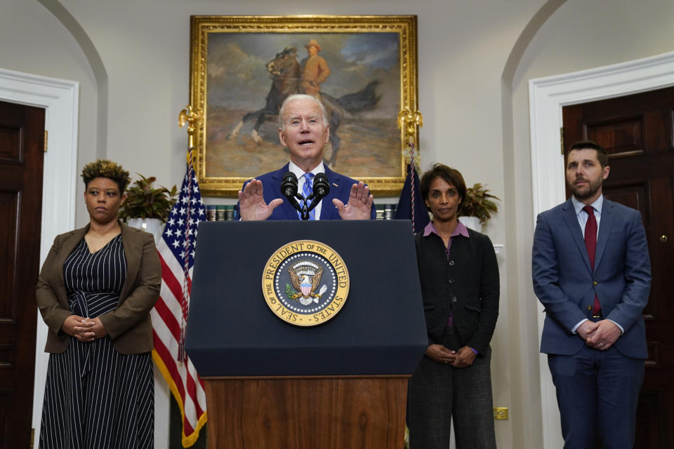 President Joe Biden speaks in the Roosevelt Room of the White House, Wednesday, May 4, 2022, in Washington. From left, Office of Management and Budget Director Shalanda Young, Biden, Cecilia Rouse, chair of the Council of Economic Advisers and Brian Deese, Assistant to the President and Director of the National Economic Council. (AP Photo/Evan Vucci)