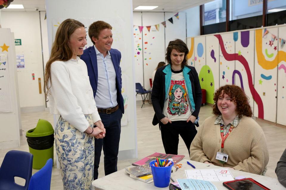 the duke of westminster and miss henson chat with members of studio by storyhouse in chester, including young leader tom stych and staff member phoebe orsmond