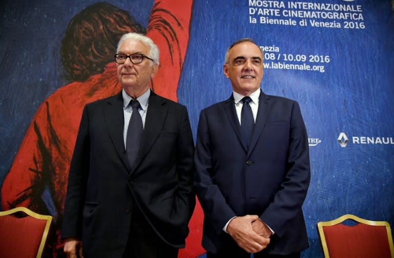 Venice Biennale president Paolo Baratta (L) and festival director Alberto Barbera pose before a press conference to present the 73nd Venice International Film Festival in Rome on July 28, 2016