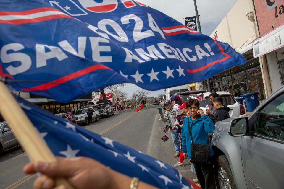 Supporters of former president Donal Trump await his arrival in Eagle Pass near Shelby Park in Eagle Pass, Texas on Feb. 29, 2024.