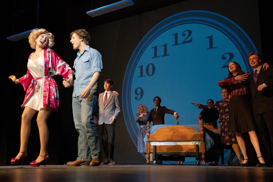 Washburn Rural high school students perform in their production of "9 to 5 the Musical" during a dress rehearsal Tuesday.