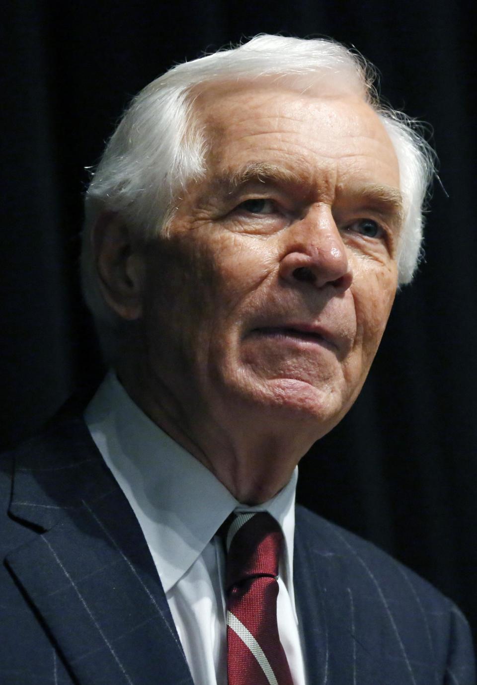 This photo taken Feb. 20, 2014 shows Sen. Thad Cochran, R-Miss., speaks during Pearl's Chamber of Commerce Awards Banquet in Pearl, Miss. Thad Cochran is engaged in his toughest campaign in a generation. The former Appropriations Committee chairman faces a June 3 primary challenge from a two-term state lawmaker. Chris McDaniel riles up tea party voters by denouncing big federal spending and portraying the 76-year-old incumbent as a Washington insider who’s lost touch with folks back home. (AP Photo/Rogelio V. Solis)