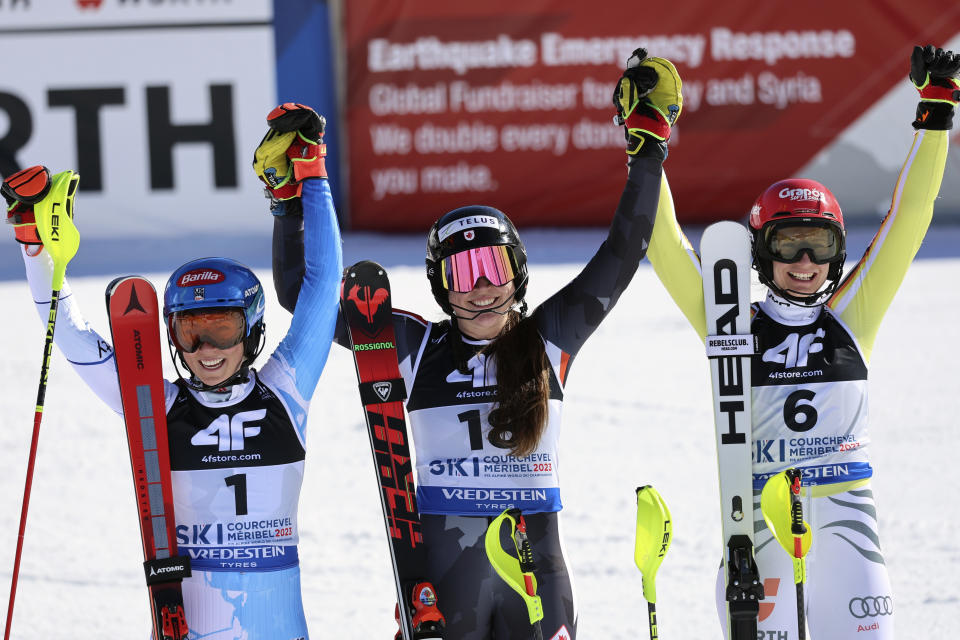 Canada's Laurence St-Germain, center, winner of the women's World Championship slalom, poses with second placed United States' Mikaela Shiffrin, left, and third placed Germany's Lena Duerr, in Meribel, France, Saturday Feb. 18, 2023. (AP Photo/Marco Trovati)