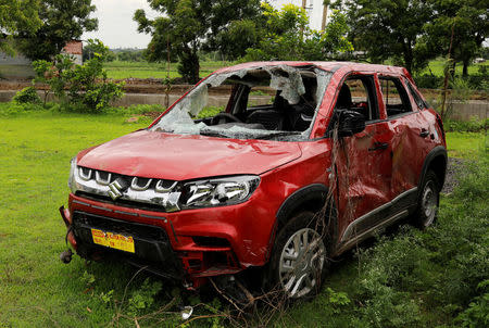 The car destroyed during the mob lynching attack which killed Mohammed Azam is seen parked at the police station in Kamalnagar village in Bidar, India, July 19, 2018. REUTERS/Danish Siddiqui