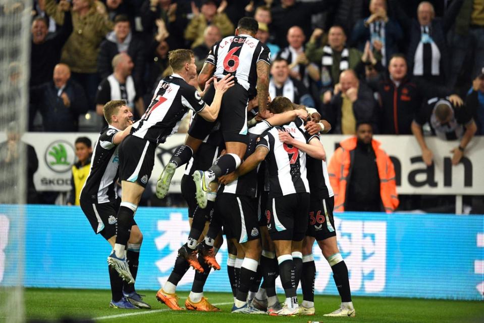 An own goal from Ben White and Bruno Guimares’ fired finish gave Newcastle a 2-0 win  (AFP via Getty Images)