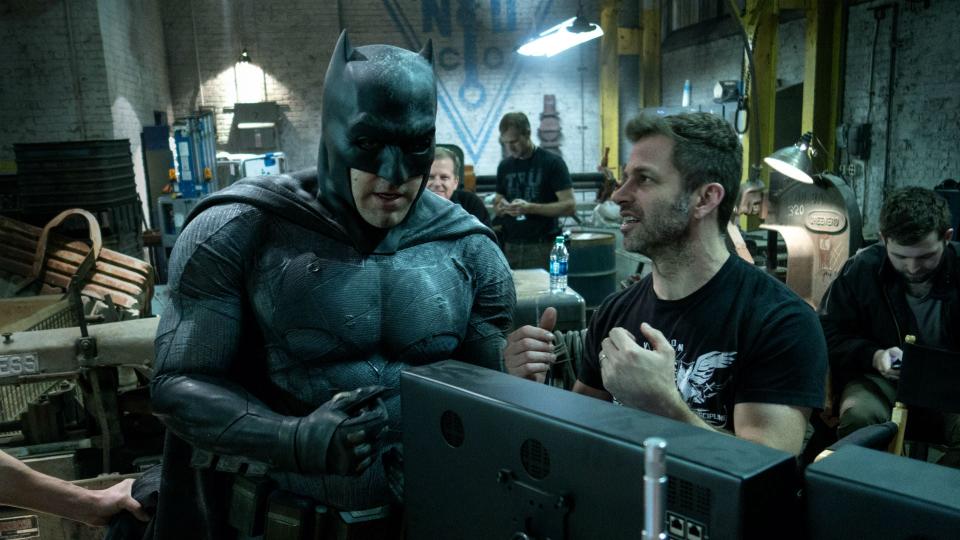 Zack Snyder on the 'Justice League' set with Ben Affleck as Batman. (Credit: Warner Bros)