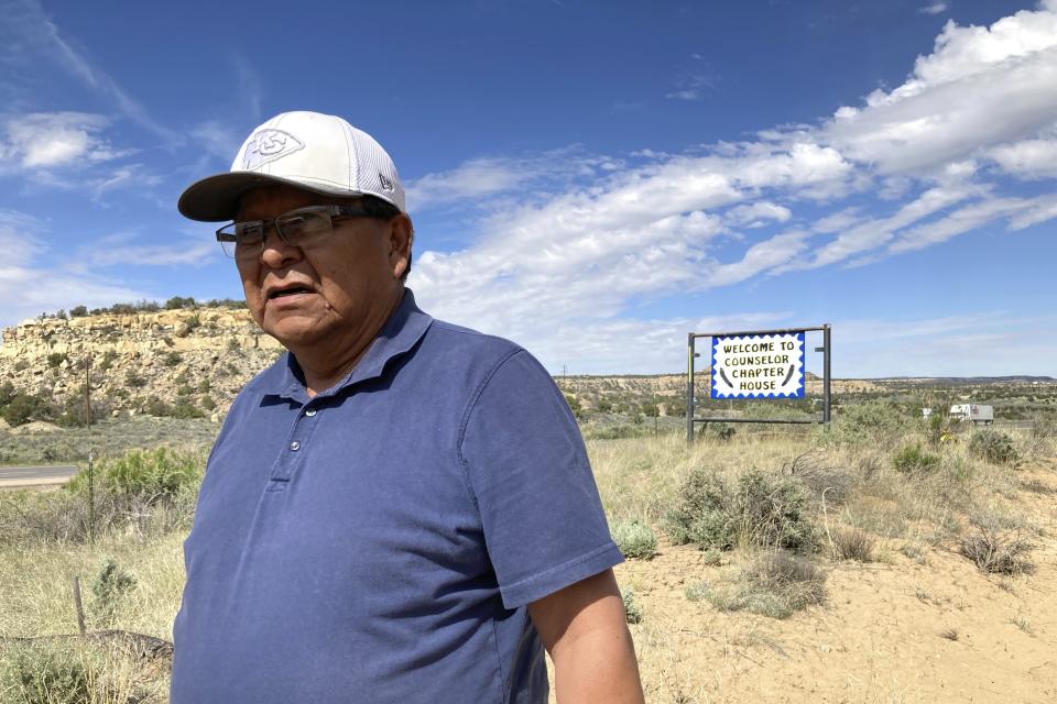 Samuel Sage, the community services coordinator for the Navajo chapter of Counselor, talks about oil and gas development near Counselor, N.M. On Thursday, June 1, 2023, New Mexico Land Commissioner Stephanie Garcia Richard issued an executive order that includes a ban on all new oil and gas leases on state trust land within a mile of schools or other educational institutions, including day care centers, preschools and sports facilities that students use. (AP Photo/Susan Montoya Bryan)