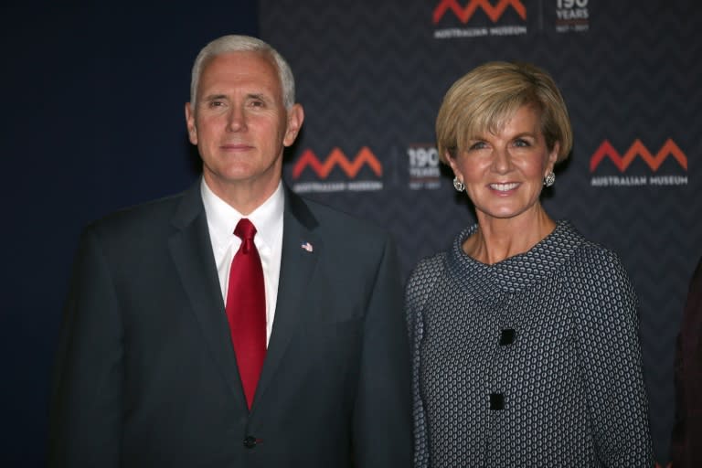 US Vice President Mike Pence (L) poses for a photo next to Australian Foreign Minister Julie Bishop during a visit to the Australian Museum in Sydney, on April 22, 2017