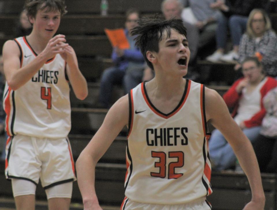Cheboygan freshman guard Gavin Smith (32) was fired up following a big basket by one of his teammates during the second half against East Jordan on Friday.