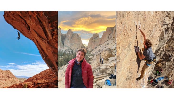 Three image of a young man climbing