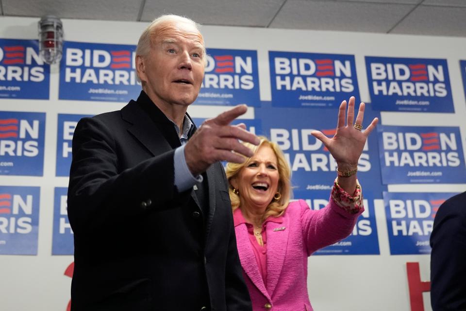 President Joe Biden and first lady Jill Biden visit the Biden campaign headquarters in Wilmington on Saturday, Feb. 3, 2024.