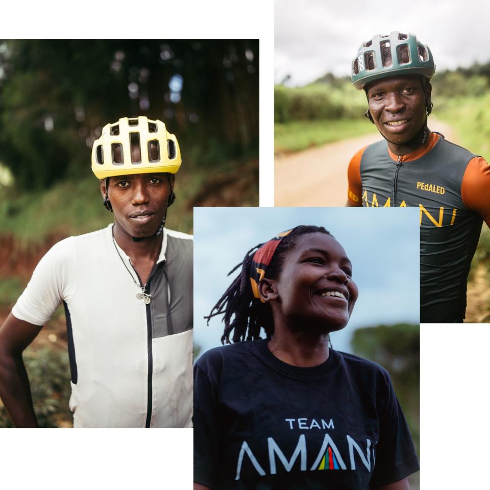 a collage of three members of team amani, evan wangai, nancy akinyi, and salim kipkemboi, posing for portraits
