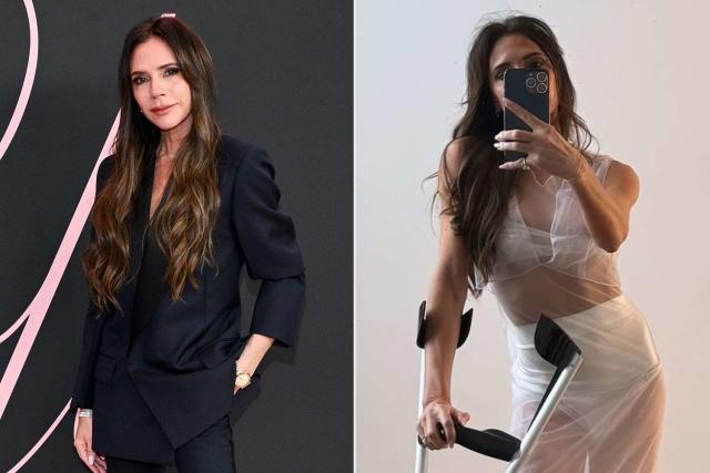 Victoria Beckham Models Sheer, Underwear-Flaunting Gown as She Continues to  Make Her Crutches, Well, Posh