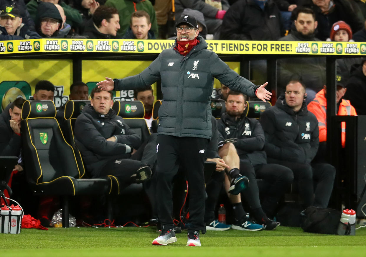 Liverpool manager Jurgen Klopp gestures towards his players during the Premier League match at Carrow Road, Norwich. (Photo by Adam Davy/PA Images via Getty Images)