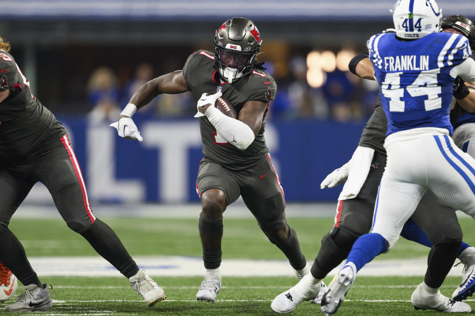 Buccaneers running back Rachaad White is in line for another solid week for fantasy football managers. (AP Photo/Zach Bolinger)