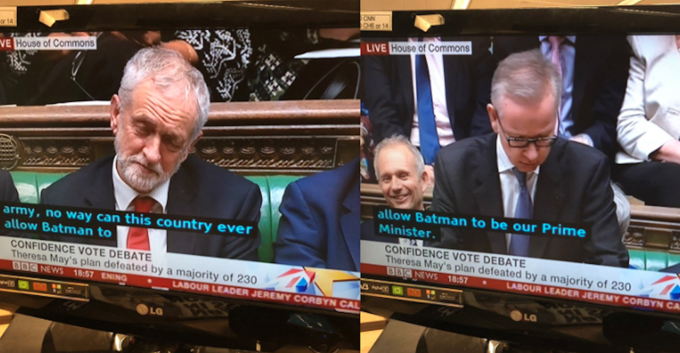 <em>A subtitle error saw Michael Gove appear to suggest that Batman might be in the running for Prime Minister (Picture: Nina Massey/PA/Twitter)</em>