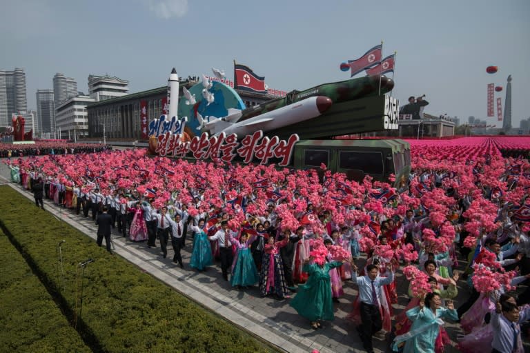 A rocket-themed float moves through Kim Il-Sung square during a mass rally marking the 105th anniversary of the birth of late North Korean leader Kim Il-Sung, in Pyongyang