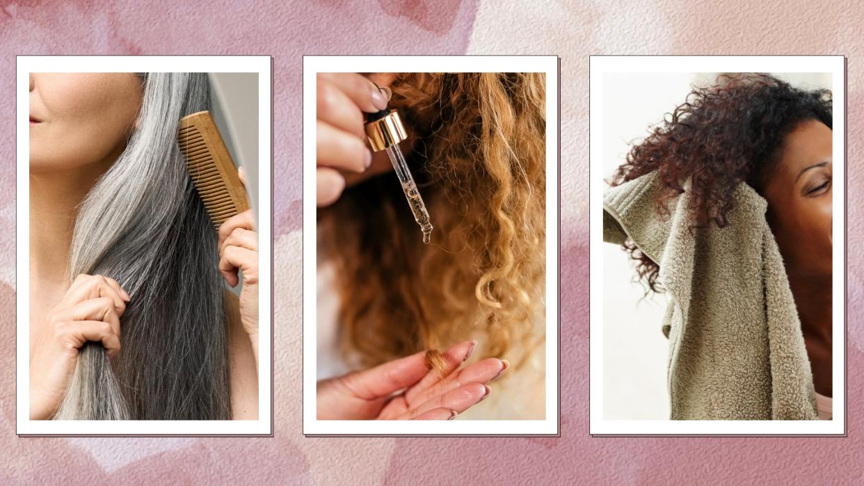  (L to R) a woman with grey hair, seen brushing it  through with a wooden comb, alongside a close up of a woman applying oil to her curly hair and finally, a picture of a woman towel drying her curly hair/ in a pink and purple watercolour template. 