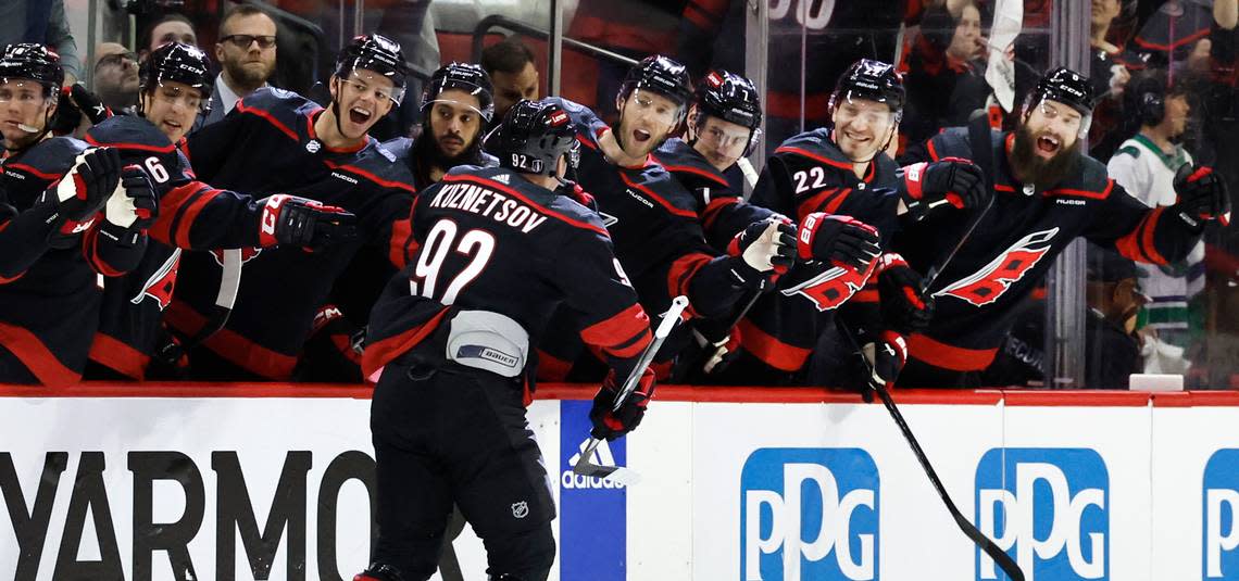 Carolina center Evgeny Kuznetsov (92) is congratulated after he scored the first period of the Hurricanes’ 3-1 victory over the Islanders in the first round of the Stanley Cup playoffs at PNC Arena in Raleigh, N.C., Saturday, April 20, 2024.
