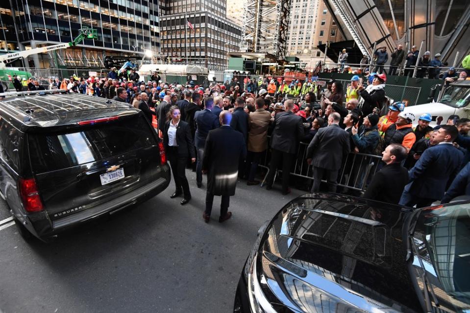 Trump meets with construction workers at the construction site of the new JPMorgan Chase headquarters in Midtown Manhattan, Thursday, April 25, 2024. Matthew McDermott