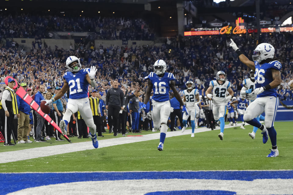 Indianapolis Colts' Nyheim Hines (21) celebrates as he runs back a punt for a touchdown during the second half of an NFL football game against the Carolina Panthers, Sunday, Dec. 22, 2019, in Indianapolis. (AP Photo/AJ Mast)