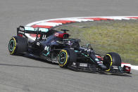 Mercedes driver Lewis Hamilton of Britain steers his car during the third practice session for the Eifel Formula One Grand Prix at the Nuerburgring racetrack in Nuerburg, Germany, Saturday, Oct. 10, 2020. The Germany F1 Grand Prix will be held on Sunday. (AP Photo/Matthias Schrader, Pool)