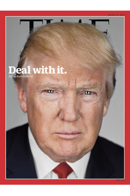 Donald Trump is on the cover of <em>Time</em> magazine, and the headline reads: "Deal with it." The meme-worthy photo shoot features the Republican presidential hopeful posing with a 27-year-old American bald eagle -- the emblem of the United States. Check out this candid moment when the eagle gets a little energetic on set! Time Inc. Magazine Company <strong>WATCH: Josh Groban Hilariously Sings Donald Trump's Tweets</strong> Of course, the new issue is not all fun and games. Trump doesn't hold back when it comes to how he really feels about his political opponents. "They’re puppets," he tells the magazine. "I’m the only non-puppet in the group." Time Inc. Magazine Company The former <em>Celebrity Apprentice</em> star went on to answer questions regarding how his daughters, Ivanka and Tiffany Trump, feel about his presidential aspirations. <strong> WATCH: Can Donald Trump Pull Off a Presidential Campaign? An Inside Look at His Strategy </strong> "Ivanka was interesting because I'm very strong on women’s health issues," Trump says about a triumphant moment she shared with his daughter. "And I couldn't believe what [Jeb] Bush said last week about he wouldn’t fund, essentially wouldn’t fund women’s health issues. And I hit him hard. And she came back and she said, 'I’m so glad you did that Dad, because people don’t know how you respect women, they don’t know how you get it, and you have to get that word out.'" <strong>MORE: Donald Trump -- Rosie O'Donnell 'Actually Saved Me'</strong> Time Inc. Magazine Company Not long after announcing his presidential run, Trump sat down with ET to defend his controversial remarks made about Mexican immigrants. <strong> MORE: 7 of the Most Ridiculous Things Donald Trump Said During the GOP Debate </strong> "I don't have a racist bone in my body," Trump said, defending himself against accusations of racism. "The fact that I want a strong border and the fact that I don't want illegal immigrants pouring into this country, that doesn't make me a racist, it means I love this country and I want to save this country."