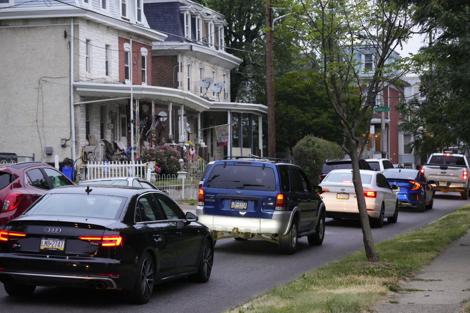 Traffic stands still in a neighborhood near an elevated section of Interstate 95 that collapsed, in Philadelphia, Monday, June 12, 2023. (AP Photo/Matt Rourke)