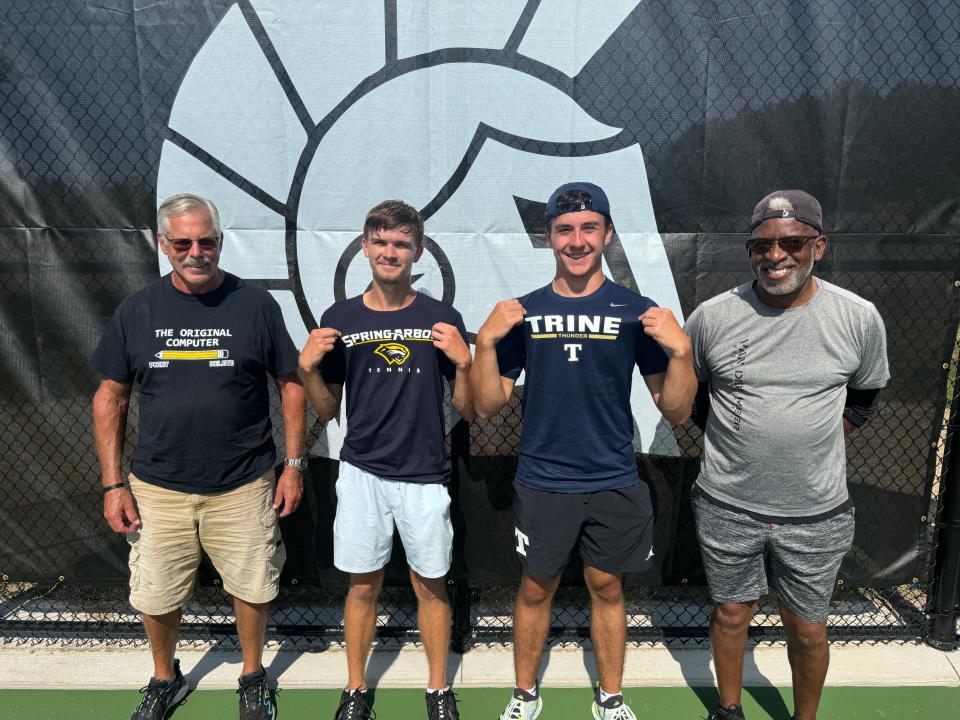 Brad Donmyer (SHS volunteer coach), Walter Ebert (SHS 2023 grad), Christian Perry (SHS 2024 grad) and Robert Taylor (SHS assistant coach and JV coach) took time for a picture at Sturgis' new tennis facility on Tuesday morning.