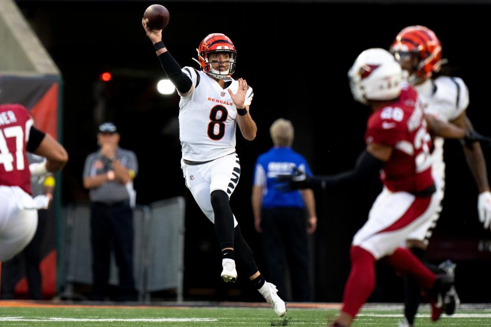 Cincinnati Bengals quarterback Brandon Allen (8) throws a pass in the first half of the NFL preseason game at Paycor Stadium. Mandatory Credit: Albert Cesare-USA TODAY Sports