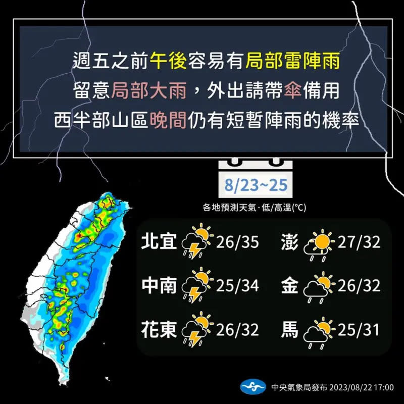 ▲氣象局提醒，較明顯的午後雷雨，一直在週五之前各地都要留意，尤其山區要並注意局部大雨的出現。（圖／中央氣象局提供）