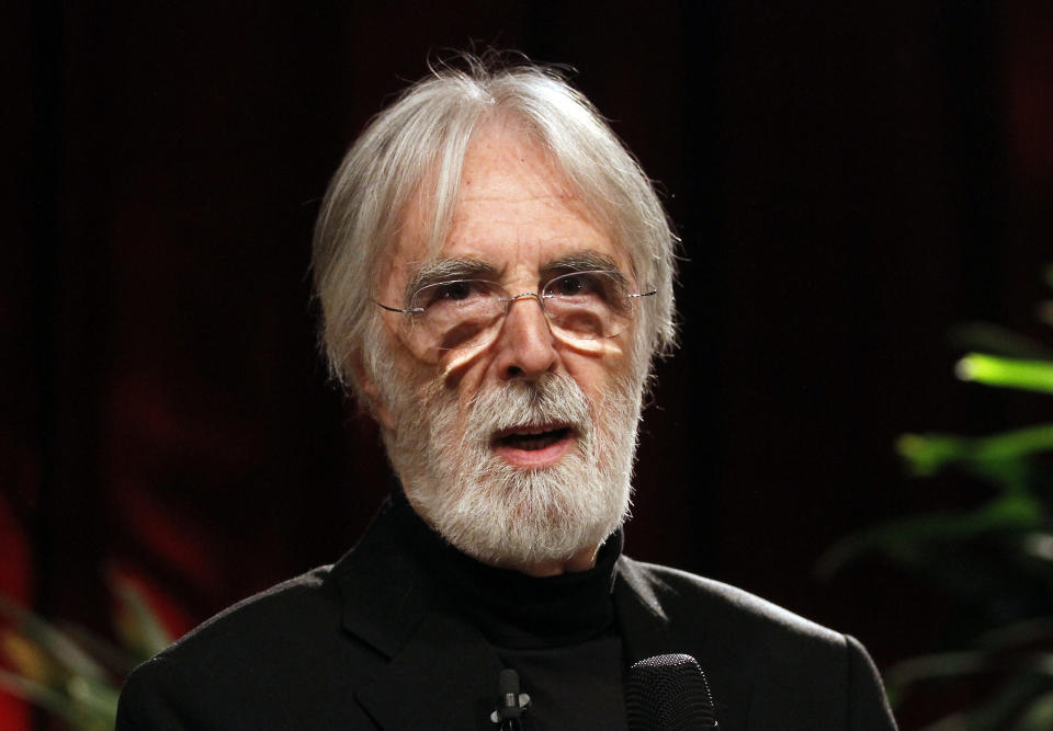 Austrian director Michael Haneke speaks during a presentation of humanistic aging research in Vienna, Austria, Wednesday, March 20, 2013. (AP Photo/Ronald Zak)