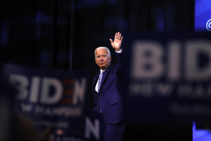 Democratic presidential candidate former Vice President Joe Biden waves before leaving the stage after speaking at the New Hampshire state Democratic Party convention, Saturday, Sept. 7, 2019, in Manchester, NH. (AP Photo/Robert F. Bukaty)