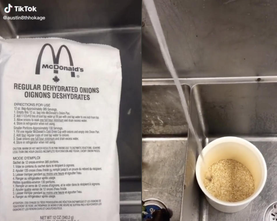 In one video TikTok user @Austin.Martinn revealed that McDonald's uses dehydrated onion which they rehydrate for burgers. Photo: TikTok/@Austin.Martinn