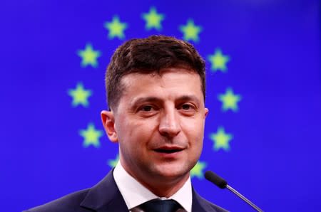 FILE PHOTO: Ukrainian President Zelenskiy holds a news conference after meeting EU Council President Tusk in Brussels