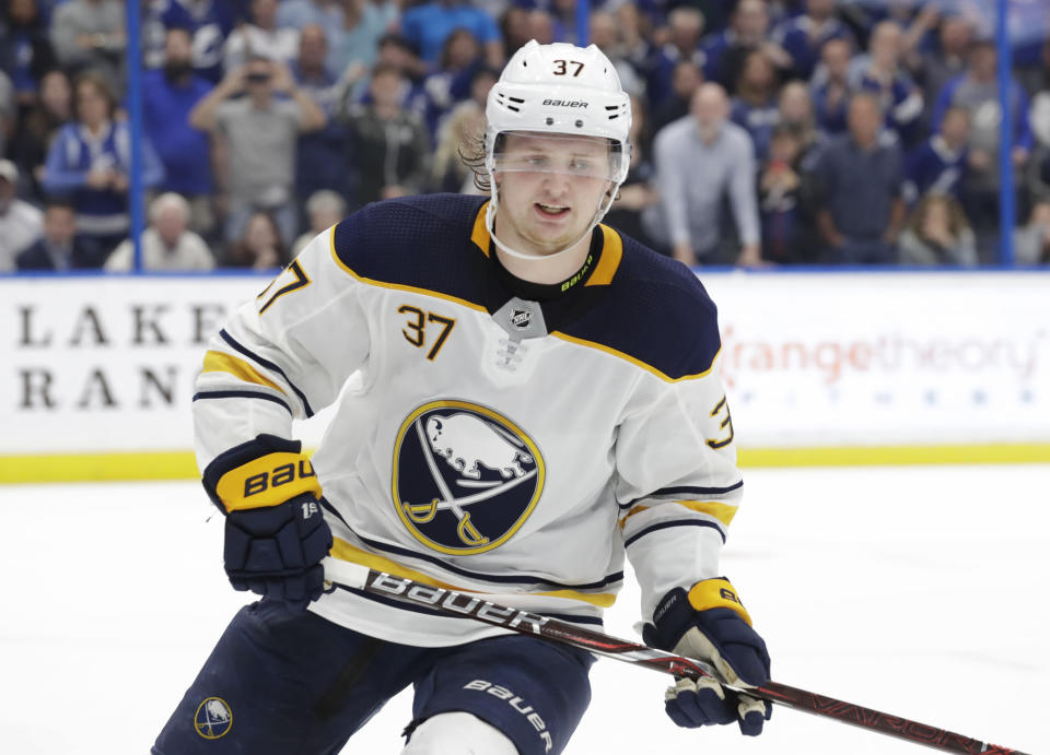 Buffalo Sabres center Casey Mittelstadt (37) against the Tampa Bay Lightning during the third period of an NHL hockey game Thursday, Feb. 21, 2019, in Tampa, Fla. (AP Photo/Chris O'Meara)