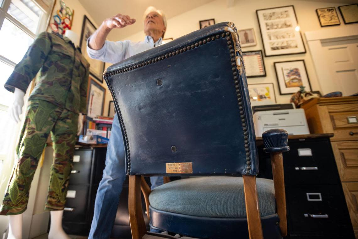 “The story is that as Mrs. Kennedy was back in the White House, she wanted to give my father a memento that she thought President Kennedy would want him to have,” Craig McNamara said, referring to the worn chair he stands with that was once used by his father, former Defense Secretary Robert McNamara. Craig McNamara spoke about his father, known as the architect of the Vietnam War, at his organic walnut farm on Aug. 18 in Yolo County.