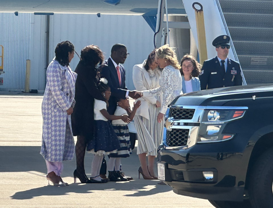 First lady Jill Biden is greeted in Milwaukee on Sunday, March 3, 2024 by Lt. Gov. Sarah Rodriguez, Dominique Johnson, Milwaukee County Supervisor David Crowley and his family, and County Board Chairwoman Marcelia Nicholson.