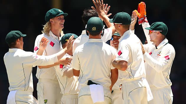 Edwards celebrates a wicket with the Aussies. Image: Getty