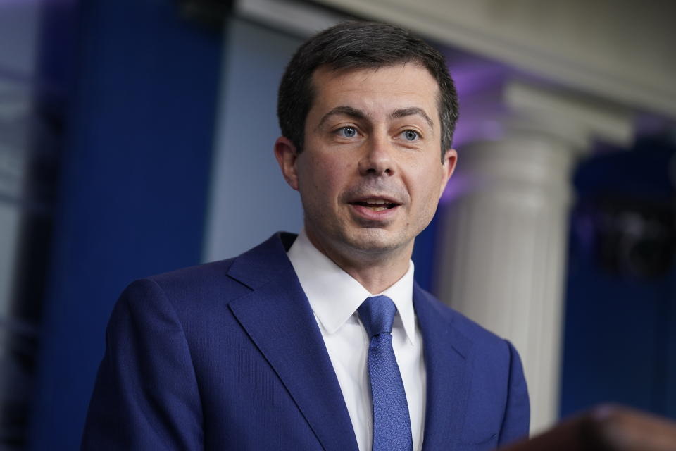 Secretary of Transportation Secretary Pete Buttigieg speaks during a press briefing at the White House, Wednesday, May 12, 2021, in Washington. (AP Photo/Evan Vucci)