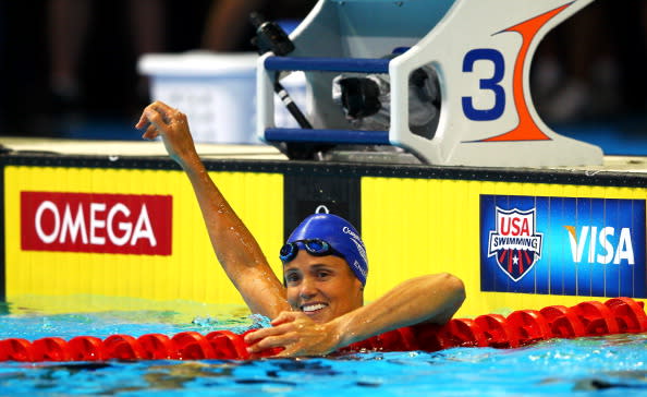 Dara Torres celebrates after she competed in the second semi final heat of the Women's 50 m Freestyle during Day Seven of the 2012 U.S. Olympic Swimming Team Trials at CenturyLink Center on July 1, 2012 in Omaha, Nebraska. (Photo by Al Bello/Getty Images)