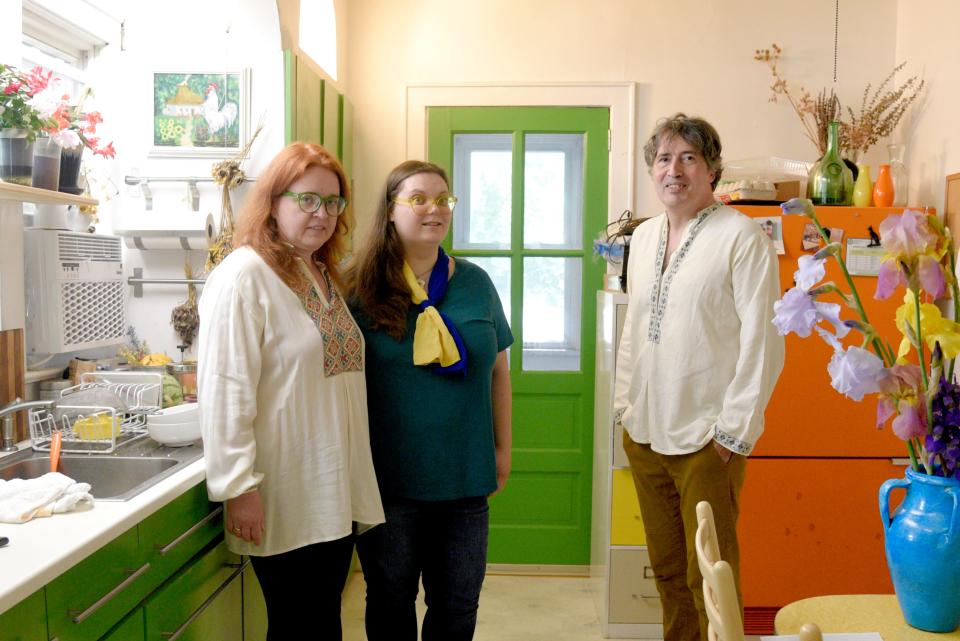 From left: Nathalie Halbout, Maiia Dvokina and David Halbout at the Halbout home on Saturday, May 21, 2022 in Middletown, New Jersey. 