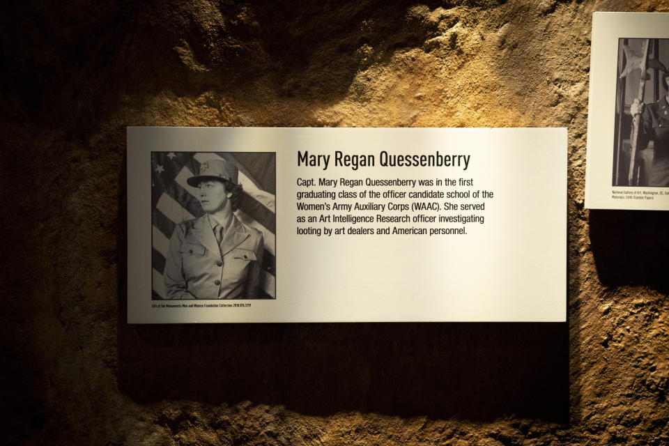 A plaque dedicated to Mary Regan Quessenberry is displayed as part of a permanent exhibition about the Monuments Men and Women at The National WWII Museum in New Orleans,Thursday, Feb. 15, 2024. (AP Photo/Christiana Botic)